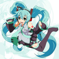 Rule 34 | 1girl, aqua eyes, aqua hair, black thighhighs, blush, boots, detached sleeves, hatsune miku, headset, highres, long hair, looking at viewer, miyabi (miura105), necktie, open mouth, skirt, smile, solo, thigh boots, thighhighs, twintails, very long hair, vocaloid