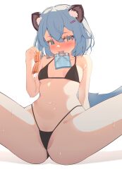 Rule 34 | 1girl, absurdres, animal ear fluff, animal ears, arm behind back, bacon, bikini, black bikini, blue archive, blue eyes, blue hair, blush, breasts, commentary, food, hair between eyes, hair ornament, hairclip, hand up, highres, hip flask, holding, holding food, looking at viewer, medium hair, mouth hold, n3moni, navel, nose blush, shigure (blue archive), simple background, sitting, small breasts, solo, spread legs, sweat, swimsuit, tail, variant set, weasel ears, weasel girl, weasel tail, white background
