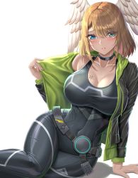 Rule 34 | 1girl, absurdres, black choker, blonde hair, blue eyes, blush, bodysuit, breasts, choker, cleavage, covered navel, eunie (xenoblade), head wings, highres, large breasts, lips, long sleeves, looking at viewer, medium hair, nemunemu semi, parted lips, solo, thighs, white background, wings, xenoblade chronicles (series), xenoblade chronicles 3
