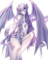 Rule 34 | 1girl, blue-eyes white dragon, breasts, bright pupils, closed mouth, dragon girl, dragon horns, dragon tail, dragon wings, grey hair, hair between eyes, head tilt, highres, horns, invisible chair, long hair, looking at viewer, maruchi, pelvic curtain, personification, purple eyes, revealing clothes, simple background, sitting, small breasts, solo, tail, very long hair, white background, wings, yu-gi-oh!