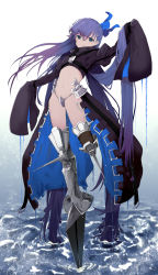 Rule 34 | 1girl, absurdly long hair, black jacket, blue bow, blue eyes, blue hair, bow, closed mouth, commentary request, crotch plate, fate/extra, fate/extra ccc, fate (series), gradient background, gradient hair, grey background, hair between eyes, hair bow, highres, jacket, juliet sleeves, long hair, long sleeves, looking at viewer, meltryllis (fate), mieharu, multicolored hair, navel, puffy sleeves, purple hair, ripples, sleeves past fingers, sleeves past wrists, smile, solo, spikes, standing, standing on one leg, very long hair, water, wet, white background