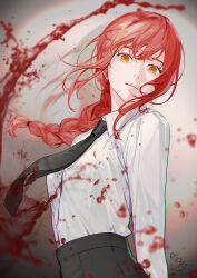Rule 34 | 1girl, absurdres, artist name, black necktie, black pants, blood, blood drop, blood on clothes, blood on face, braid, breasts, brown background, buttons, chainsaw man, closed mouth, collared shirt, gradient background, grey background, hair between eyes, hair ornament, highres, long hair, long sleeves, looking at viewer, makima (chainsaw man), medium breasts, necktie, pants, red eyes, red hair, red necktie, ringed eyes, shadow, shi niao, shirt, sidelocks, smile, solo, standing, teeth, white shirt