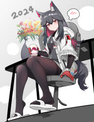 Rule 34 | 1girl, 2024, absurdres, animal ear fluff, animal ears, arknights, black hair, black pantyhose, black shirt, chair, coat, cup, dog tags, exusiai (arknights), fengqun, fur-trimmed hood, fur-trimmed sleeves, fur trim, gloves, highres, holding, holding cup, hood, hooded coat, long hair, long sleeves, looking at viewer, nail polish, official alternate costume, open clothes, open coat, pantyhose, pantyhose under shorts, pink hair, plant, potted plant, red eyes, red gloves, shirt, shorts, sitting, solo, spoken blush, table, tail, texas (arknights), texas (winter messenger) (arknights), thighband pantyhose, white coat, white shorts, winter clothes, winter coat, wolf ears, wolf girl, wolf tail