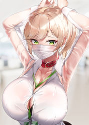 Rule 34 | 1girl, arms up, between breasts, blonde hair, blurry, blurry background, blush, breasts, cleavage, collar, collarbone, covered mouth, green eyes, highres, huge breasts, lanyard, looking at viewer, mask, medium hair, mouth mask, original, ponytail, red collar, see-through, see-through sleeves, shirosaba, shirt, solo, upper body, white shirt