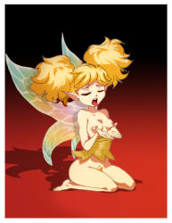 Rule 34 | 1girl, blonde hair, breasts, closed eyes, daga, dragon&#039;s crown, fairy, female pubic hair, gradient background, nipples, open mouth, pubic hair, sitting, solo, tiki (dragon&#039;s crown), twintails, wings