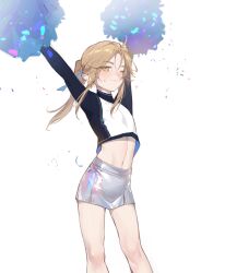 Rule 34 | 1boy, androgynous, bare legs, black shirt, blonde hair, blush, character request, cheerleader, chromatic aberration, closed mouth, doupu41, feet out of frame, highres, holding, holding pom poms, honkai: star rail, honkai (series), long hair, long sleeves, male focus, midriff, miniskirt, multicolored shirt, navel, one eye closed, pom pom (cheerleading), pom poms, ponytail, shiny skirt, shirt, sidelocks, simple background, skirt, smile, solo, sweat, trap, white background, white shirt, white skirt, yanqing (honkai: star rail)