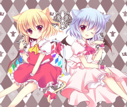 Rule 34 | 2girls, ;d, animal ears, ascot, blonde hair, blue hair, brooch, cat ears, cat tail, closed mouth, dress, flandre scarlet, jewelry, kashiwadokoro, kemonomimi mode, multiple girls, one eye closed, open mouth, pink dress, puffy short sleeves, puffy sleeves, red dress, red ribbon, remilia scarlet, ribbon, short hair, short sleeves, smile, tail, tail ornament, tail ribbon, touhou, wrist cuffs