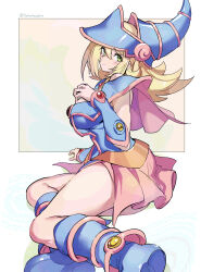 Rule 34 | 1girl, absurdres, bare shoulders, blonde hair, blue footwear, blue hat, blush stickers, boots, breasts, choker, cleavage, dark magician girl, duel monster, green eyes, hair between eyes, hat, highres, huanxiang huifeng, large breasts, long hair, looking at viewer, solo, wizard hat, yu-gi-oh!, yu-gi-oh! duel monsters