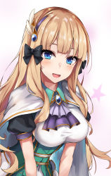 Rule 34 | 1girl, black bow, blonde hair, blue eyes, blunt bangs, blush, bow, breasts, elf, hair bow, hair ornament, hasumushi, highres, large breasts, long hair, looking at viewer, open mouth, pointy ears, princess connect!, saren (princess connect!), simple background, smile, solo, white background