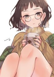 Rule 34 | 1girl, absurdres, alternate costume, brown eyes, brown hair, brown nails, brown sweater, cup, eyewear strap, fingernails, glasses, highres, holding, holding cup, kantai collection, long sleeves, nail polish, one-hour drawing challenge, pince-nez, raymie0124, ribbed sweater, roma (kancolle), short hair, signature, simple background, solo, sweater, turtleneck, turtleneck sweater, white background