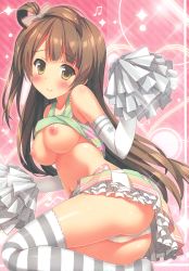 Rule 34 | 10s, 1girl, absurdres, ass, blush, breasts, brown eyes, brown hair, cheerleader, clothes lift, elbow gloves, gloves, highres, long hair, looking at viewer, love live!, love live! school idol project, minami kotori, miniskirt, navel, nipples, no bra, one side up, panties, pantyshot, pom pom (cheerleading), saeki nao, shiny skin, shirt lift, side ponytail, sitting, skindentation, skirt, smile, solo, striped clothes, striped thighhighs, thighhighs, underwear, very long hair, vest, vest lift, white panties