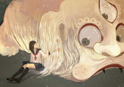 Rule 34 | 1girl, bag, brown hair, candy, fangs, food, gemi, looking at another, original, outstretched hand, school bag, school uniform, serafuku, short hair, sitting, traditional youkai