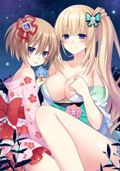 Rule 34 | 2girls, :p, bare shoulders, blanc (neptunia), blonde hair, blue eyes, blush, breasts, brown hair, candy, cleavage, floral print, flower, food, game cg, hair flower, hair ornament, highres, japanese clothes, kimono, kimono pull, large breasts, lollipop, long hair, looking at viewer, multiple girls, neptune (series), night, obi, off shoulder, official art, open mouth, resized, sash, short hair, side ponytail, sky, smile, star (sky), starry sky, tongue, tongue out, tsunako, upscaled, vert (neptunia), waifu2x, wide sleeves, yukata