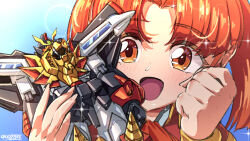 Rule 34 | 1girl, :d, artist name, blush, brown eyes, clenched hand, commentary, derivative work, drill, english commentary, gao ex kaiser, gaogaigar, highres, holding, holding toy, jacket, open mouth, orange hair, parted bangs, portrait, red jacket, red ribbon, ribbon, screenshot redraw, smile, solo, sparkle, toy, toy robot, twintails, utsugi mikoto, yuusha ou gaogaigar, yuusha series