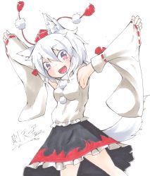 Rule 34 | 1girl, animal ears, armpits, blush, breasts, detached sleeves, hat, highres, inubashiri momiji, looking at viewer, marker (medium), open mouth, pom pom (clothes), red eyes, ribbon-trimmed sleeves, ribbon trim, short hair, silver hair, simple background, skirt, smile, sokutenkun, solo, tail, tokin hat, touhou, traditional media, white background, wolf ears, wolf tail