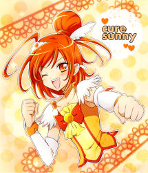 Rule 34 | 10s, 1girl, ;d, blush, bow, character name, choker, cure sunny, dress, elbow gloves, gloves, head wings, heart, hino akane (smile precure!), kagami chihiro, magical girl, matching hair/eyes, one eye closed, open mouth, orange eyes, orange hair, orange theme, precure, smile, smile precure!, solo, tiara, upper body, wings, wink