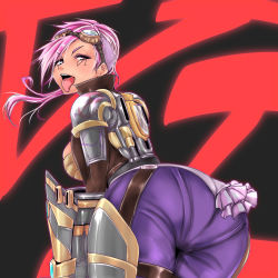 Rule 34 | 1girl, ass, bent over, breasts, chiyo koharu, goggles, large breasts, league of legends, long hair, looking at viewer, pantylines, pink eyes, pink hair, solo, tattoo, tongue, tongue out, vi (league of legends)