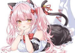 Rule 34 | 1girl, animal ears, bell, black dress, blush, bow, bowtie, breasts, cat ears, cat tail, character request, collar, commission, copyright request, dress, frilled collar, frills, fujimori arata, hair bow, head rest, highres, long hair, looking at viewer, lying, maid headdress, medium breasts, on stomach, open mouth, pink hair, red bow, red bowtie, sidelocks, simple background, skeb commission, sleeveless, smile, solo, tail, tail bell, tail ornament, thighhighs, twintails, white background, white thighhighs, yellow eyes