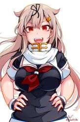 Rule 34 | 1girl, absurdres, artist name, baileys (tranquillity650), black gloves, black ribbon, black serafuku, blonde hair, blush, breasts, fingerless gloves, gloves, hair flaps, hair ornament, hair ribbon, hairclip, hands on own hips, highres, kantai collection, long hair, looking at viewer, medium breasts, neckerchief, open mouth, red eyes, red neckerchief, ribbon, scarf, school uniform, serafuku, short sleeves, signature, simple background, smile, solo, twitter username, white background, white scarf, yuudachi (kancolle), yuudachi kai ni (kancolle)