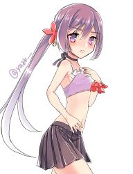 Rule 34 | 10s, 1girl, akebono (kancolle), bad id, bad pixiv id, bare shoulders, bell, bikini, bikini top only, choker, closed mouth, cowboy shot, eyebrows, flower, from side, frown, hair bell, hair flower, hair ornament, highres, kantai collection, long hair, looking at viewer, pleated skirt, purple eyes, purple hair, scrunchie, simple background, skirt, solo, swimsuit, twitter username, very long hair, white background, wrist scrunchie, yuu zaki