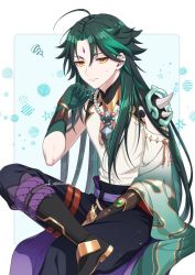 Rule 34 | 1boy, alternate hair length, alternate hairstyle, ar (rikuesuto), armor, asymmetrical clothes, bead necklace, beads, closed mouth, crossed legs, facial mark, forehead mark, genshin impact, gloves, green hair, jewelry, long hair, male focus, multicolored hair, necklace, shoulder armor, simple background, sitting, solo, spikes, squiggle, star (symbol), tassel, twitter username, xiao (genshin impact), yellow eyes