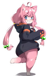 Rule 34 | 1girl, absurdres, ahoge, animal ear fluff, animal ears, animal hands, animal nose, barefoot, batsuma, black hoodie, black jacket, blue eyes, blush, body fur, cat ears, female focus, flat chest, from behind, full body, furrification, furry, furry female, grin, hair bobbles, hair ornament, hair tie, hands up, happy, highres, hinata channel, hood, hood down, hoodie, jacket, leg up, long hair, looking at viewer, looking back, nekomiya hinata, pink fur, pink hair, sidelocks, simple background, smile, solo, standing, standing on one leg, teeth, thick thighs, thighs, twintails, two-tone fur, very long hair, virtual youtuber, white background, white fur, wide hips, zipper pull tab