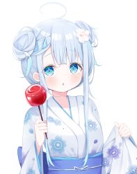 Rule 34 | 1girl, ahoge, amatsuka uto, blue eyes, blush, breasts, candy apple, deyui, double bun, floral print, flower, food, hair bun, hair flower, hair ornament, hairclip, hands up, highres, holding, holding food, indie virtual youtuber, japanese clothes, kimono, long hair, long sleeves, looking at viewer, obi, parted lips, pinching sleeves, print kimono, sash, sidelocks, silver hair, simple background, sleeves past wrists, small breasts, solo, upper body, virtual youtuber, white background, white flower, white kimono, wide sleeves