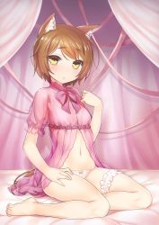 Rule 34 | 1girl, 47agdragon, absurdres, animal ears, babydoll, barefoot, bow, bow bra, bow panties, bra, breasts, bridal garter, brown hair, copyright request, frills, highres, looking at viewer, on bed, panties, see-through, short hair, sitting, small breasts, solo, tail, underwear, underwear only, white bra, white panties, yellow eyes, yokozuwari