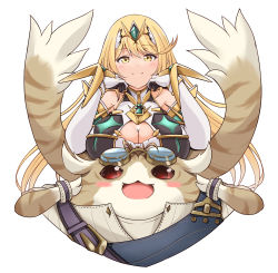 Rule 34 | bare shoulders, blonde hair, breasts, chest jewel, cleavage, cleavage cutout, clothing cutout, dress, earrings, elbow gloves, gloves, highres, jewelry, kurokaze no sora, large breasts, long hair, mythra (xenoblade), short dress, swept bangs, tiara, tora (xenoblade 2), very long hair, white dress, white gloves, xenoblade chronicles (series), xenoblade chronicles 2, yellow eyes