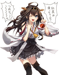Rule 34 | 10s, 1girl, ;d, ahoge, bare shoulders, black thighhighs, blue eyes, brown hair, cup, frilled skirt, frills, hairband, kantai collection, kongou (kancolle), nontraditional miko, one eye closed, open mouth, pun, ribbon-trimmed sleeves, ribbon trim, skirt, smile, solo, sushikuugo (suisen), tea, thighhighs, translation request, wink