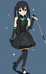 Rule 34 | 1girl, asymmetrical clothes, asymmetrical footwear, bad id, bad pixiv id, black hair, bow, brown eyes, collar, detached sleeves, dress, elbow gloves, frills, gloves, high heels, highres, k-on!, long hair, microphone, microphone stand, mismatched footwear, nakano azusa, shoes, skirt, socks, solo, thighhighs, twintails, yunotimo