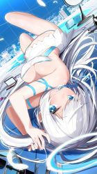 Rule 34 | 1girl, blue eyes, blue ribbon, blush, breasts, building, cleavage, closed mouth, commentary request, dress, feathers, highres, kamioka shun&#039;ya, knees up, long hair, looking at viewer, lying, medium breasts, mouth hold, on back, original, ribbon, smile, solo, strapless, strapless dress, tying hair, very long hair, white dress, white feathers, white hair
