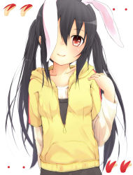 Rule 34 | 1girl, animal ears, apple, bad id, bad pixiv id, black hair, blush, closed mouth, dot nose, fake animal ears, food, fruit, haine, highres, k-on!, nakano azusa, rabbit ears, red eyes, smile, solo, standing, sweater, twintails