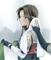 Rule 34 | 10s, 2girls, blush, brown eyes, brown hair, gradient background, jintsuu (kancolle), kantai collection, long hair, looking at another, mori (unknown.), multiple girls, out of frame, remodel (kantai collection), sendai (kancolle), solo focus, sweat, towel, wiping sweat