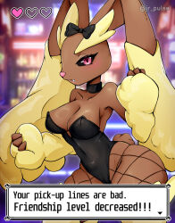 Rule 34 | 1girl, absurdres, affection meter, ass, bar (place), black bow, black choker, black leotard, black sclera, blurry, blurry background, blush, bow, breasts, choker, cleavage, collarbone, colored sclera, covered navel, cowboy shot, creatures (company), dialogue box, fishnet pantyhose, fishnets, game freak, gameplay mechanics, gen 4 pokemon, hair bow, hands up, highleg, highleg leotard, highres, indoors, jrpulse, large breasts, leotard, looking at viewer, lopunny, nintendo, paid reward available, pantyhose, parted lips, playboy bunny, pokemon, pokemon (creature), red eyes, solo, standing, strapless, strapless leotard, thick thighs, thighs, twitter username
