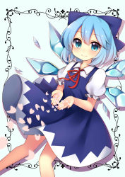 Rule 34 | 1girl, absurdres, blue bow, blue dress, blue eyes, blue hair, blush, bow, breasts, cirno, closed mouth, collared dress, commentary request, dot nose, dress, eyelashes, feet out of frame, frilled sleeves, frills, hair bow, highres, knees, long sleeves, looking at viewer, own hands together, petals, pinafore dress, puffy long sleeves, puffy short sleeves, puffy sleeves, red neckwear, red ribbon, ribbon, ruhika, shirt, shoes, short hair, short sleeves, sleeveless dress, small breasts, smile, socks, solo, thighs, touhou, upper body, white shirt, white socks