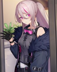 Rule 34 | 1girl, 3 small spiders, absurdres, black gloves, breasts, coat, commission, doorway, feather-trimmed coat, girls&#039; frontline, gloves, goggles, goggles around neck, grey coat, grey hair, grey tank top, highres, long hair, looking at viewer, medium breasts, multicolored hair, multiple straps, off shoulder, open clothes, open coat, ponytail, purple eyes, purple hair, sidelocks, single glove, skeb commission, solo, streaked hair, t-cms (girls&#039; frontline), tank top, tinted eyewear, waving, wristband
