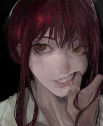Rule 34 | 1girl, black background, chainsaw man, collared shirt, finger in another&#039;s mouth, formal, highres, long hair, makima (chainsaw man), red hair, ringed eyes, shirt, sidelocks, simple background, teeth, tristan mori, white shirt, yellow eyes