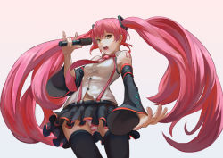 Rule 34 | 1girl, alternate hair color, bare shoulders, blouse, cowboy shot, detached sleeves, female focus, hatsune miku, long hair, looking at viewer, m/, md5 mismatch, microphone, music, necktie, open mouth, panties, pantyshot, pink background, pink hair, sakura miku, shirt, simple background, singing, skirt, solo, standing, striped clothes, striped panties, suspender skirt, suspenders, thighhighs, twintails, underwear, very long hair, vocaloid, wide sleeves, yellow eyes, z.h.y, zettai ryouiki