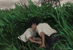 Rule 34 | 2boys, absurdres, arm support, black hair, black pants, commentary request, grass, grey sky, hand on another&#039;s shoulder, highres, kiss, kneeling, lying, male focus, minahamu, multiple boys, on side, original, outdoors, pants, school uniform, shirt, short hair, short sleeves, sky, transmission tower, white shirt, yaoi