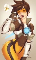 Rule 34 | 1girl, bad id, bad pixiv id, bandana, bodysuit, bomber jacket, breasts, brown hair, cheek bulge, fellatio gesture, gloves, goggles, heart, heart-shaped pupils, highres, jacket, lips, looking at viewer, maou alba, nose, open mouth, overwatch, overwatch 1, pinky out, sexually suggestive, short hair, signature, solo, spiked hair, symbol-shaped pupils, tongue, tracer (overwatch)