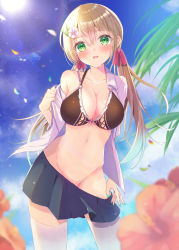 Rule 34 | 1girl, aonu koru, bikini, bikini under clothes, black bikini, blue skirt, blue sky, blurry, blush, breasts, brown hair, cleavage, clothes pull, collarbone, collared shirt, commentary request, crossed bangs, day, depth of field, flower, green eyes, hair between eyes, hair flower, hair ornament, hair ribbon, hibiscus, highres, large breasts, lens flare, looking at viewer, navel, no panties, open mouth, original, outdoors, palm tree, petals, pleated skirt, ribbon, shirt, skirt, skirt pull, sky, smile, solo, standing, sun, sweat, swimsuit, swimsuit under clothes, thighhighs, tree, twintails, white shirt, white thighhighs, zettai ryouiki