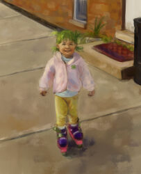 Rule 34 | 1girl, absurdres, cappucosmic, child, commentary, english commentary, full body, green hair, highres, inline skates, jacket, koiwai yotsuba, long sleeves, looking at viewer, outdoors, painterly, pants, pink jacket, quad tails, roller skates, short hair, skates, smile, solo, standing, yellow pants, yotsubato!