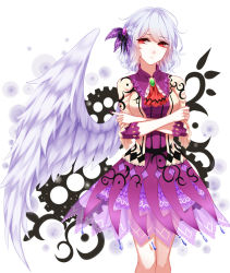 Rule 34 | 1girl, alternate costume, bad id, bad pixiv id, braid, crossed arms, dress, french braid, hair ornament, highres, jacket, kishin sagume, knees, lace, looking to the side, petticoat, purple dress, red eyes, see-through, sheya, short dress, short hair, single wing, solo, standing, touhou, white hair, wings