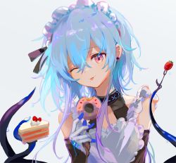 Rule 34 | 1boy, ;p, apron, arknights, bare shoulders, black collar, black gloves, black shirt, blue hair, cake, cake slice, collar, colored tips, doughnut, ear piercing, elbow gloves, food, fork, fruit, gloves, grey background, hand up, highres, holding, holding food, infection monitor (arknights), maid apron, male focus, mizuki (arknights), multicolored hair, one eye closed, piercing, pink eyes, purple hair, shirt, short hair with long locks, simple background, solo, spacelongcat, strawberry, streaked hair, tentacles, tongue, tongue out, trap, upper body