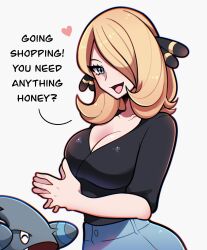 Rule 34 | 1girl, :d, alternate eye color, alternate hair length, alternate hairstyle, black shirt, blonde hair, blue eyes, blue pants, breasts, cleavage, creatures (company), cynthia (pokemon), denim, english text, game freak, gen 4 pokemon, gible, hair ornament, hair over one eye, heart, highres, jeans, large breasts, looking at viewer, medium hair, nintendo, open mouth, own hands together, pants, pokemon, pokemon (creature), pokemon dppt, shirt, simple background, smile, solo focus, touyarokii, white background