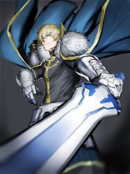 Rule 34 | 1boy, armor, blonde hair, blue eyes, cape, closed mouth, commentary request, fate/grand order, fate (series), gauntlets, gawain (fate), kasei yukimitsu, knights of the round table (fate), looking at viewer, male focus, short hair, solo, weapon