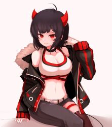 Rule 34 | 1girl, ahoge, asymmetrical clothes, bare shoulders, belt, black choker, black hair, black jacket, breasts, choker, closed mouth, commission, copyright request, crop top, demon horns, highres, horns, hwaryeok, jacket, large breasts, long sleeves, looking at viewer, midriff, navel, shirt, short hair, single pantsleg, smile, solo, white background, white shirt