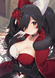 Rule 34 | 1girl, absurdres, black choker, black gloves, black hair, blush, breasts, brown eyes, cape, card, choker, cleavage, closed mouth, dress, elbow gloves, flower, gloves, hair flower, hair ornament, hair over one eye, highres, holding, holding card, hololive, large breasts, long hair, looking at viewer, nyasunyadoora, ookami mio, ookami mio (wonderland), playing card, queen (playing card), queen of hearts (playing card), red cape, red flower, signature, smile, solo, twintails, virtual youtuber