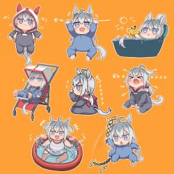 Rule 34 | &gt; &lt;, +++, 1girl, afterimage, ahoge, animal ears, arms up, baby, bathtub, blue eyes, blush, bubble, commentary request, crying, grey hair, hood, hood down, hood up, horse ears, horse girl, horse tail, jitome, kusanagi kaoru, lifting person, long hair, multicolored hair, multiple views, oguri cap (umamusume), onesie, open mouth, orange background, out of frame, partially submerged, rubber duck, simple background, smile, sparkle, splashing, stroller, tail, thumb sucking, two-tone hair, umamusume, v-shaped eyebrows, wading pool, water, aged down